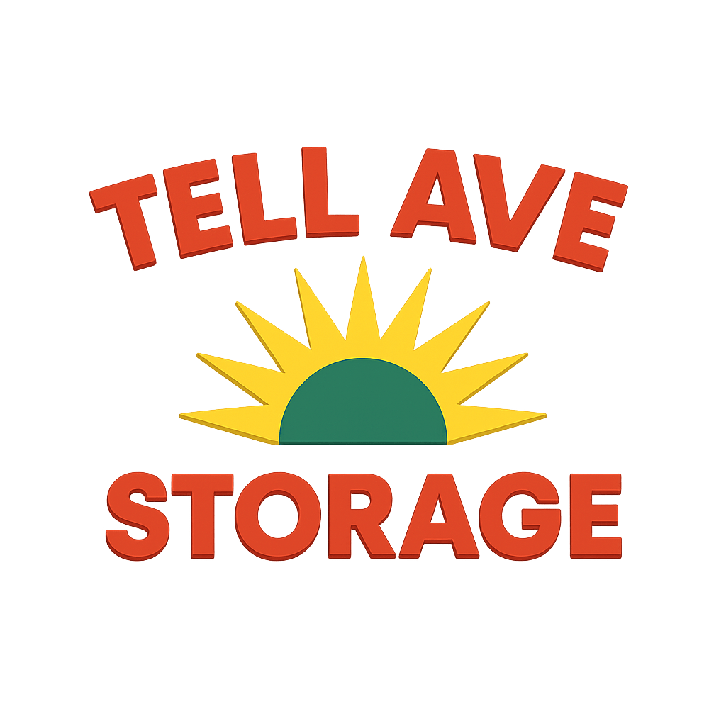 The image shows a logo with the words "TELL AVE STORAGE" in bold letters, with a graphic of a sun above the text.